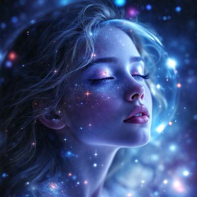 The primary subject of the image is a woman with blonde hair, who is lying down and looking up at the sky. The setting is a space filled with stars, creating a celestial atmosphere. The visual style is a digital art, with the woman's face and the background being digitally rendered. The colors and mood of the image are predominantly blue, with the stars and the woman's eyes being the main focal points.